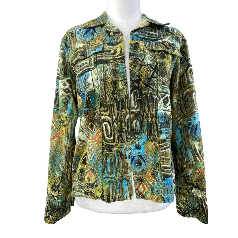 Chico's Jacket Womens 0 Multicolor Cotton Linen Geometric Art Print Button Front